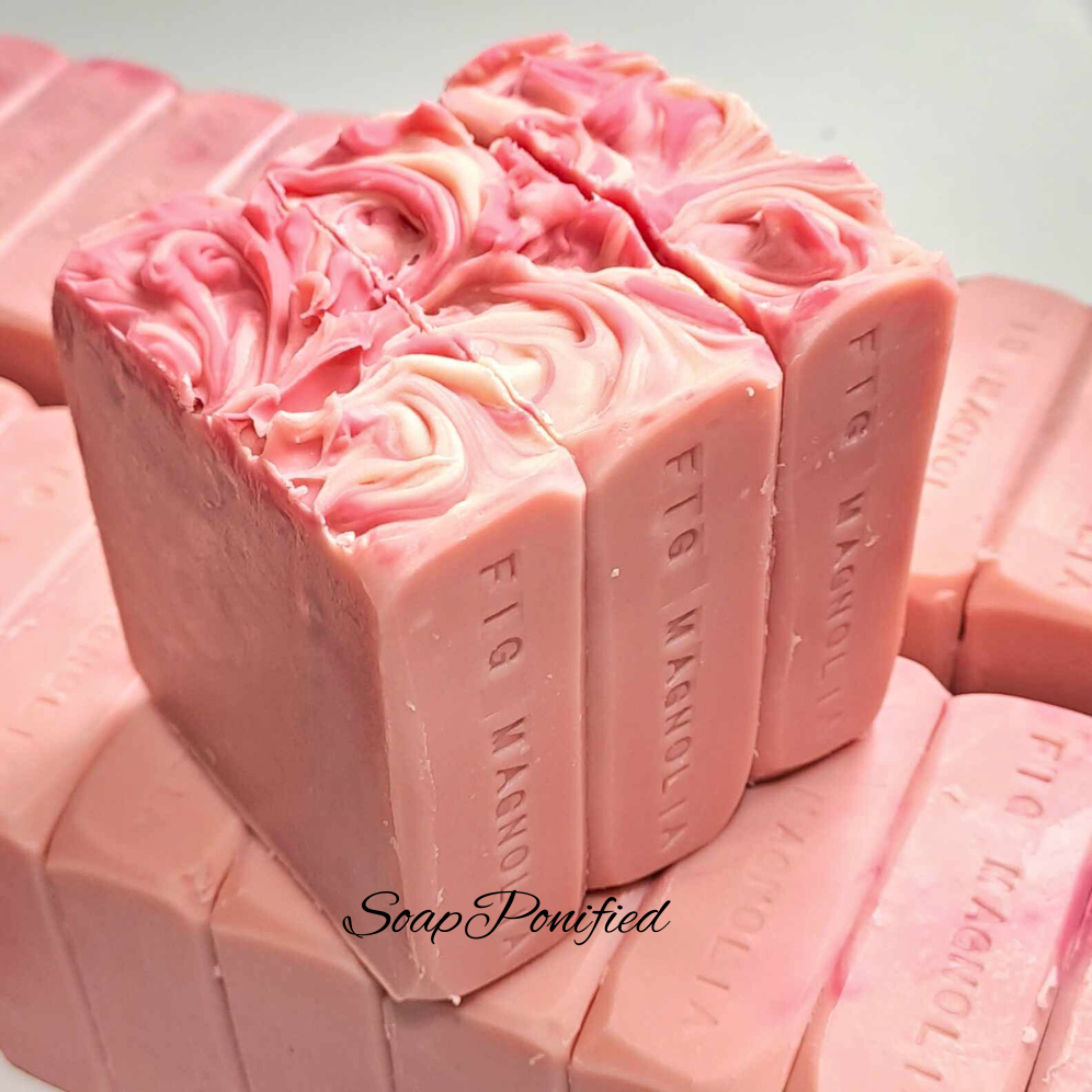 Fig and Magnolia Soap Bar group cut. Two shades of pink with a swirl effect.