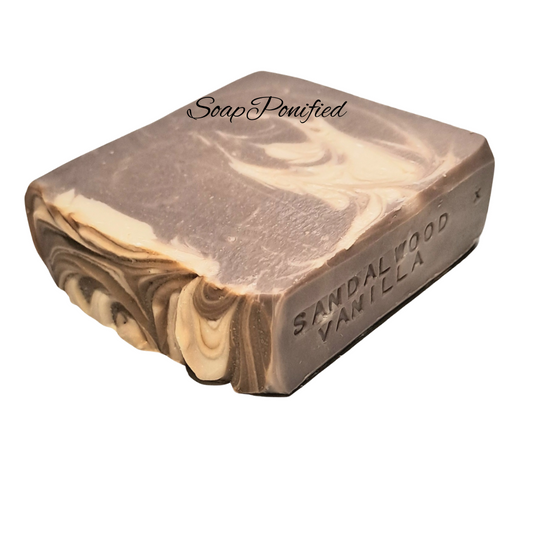 Sandalwood and Vanilla Soap Bar single. Brown with a white swirl.